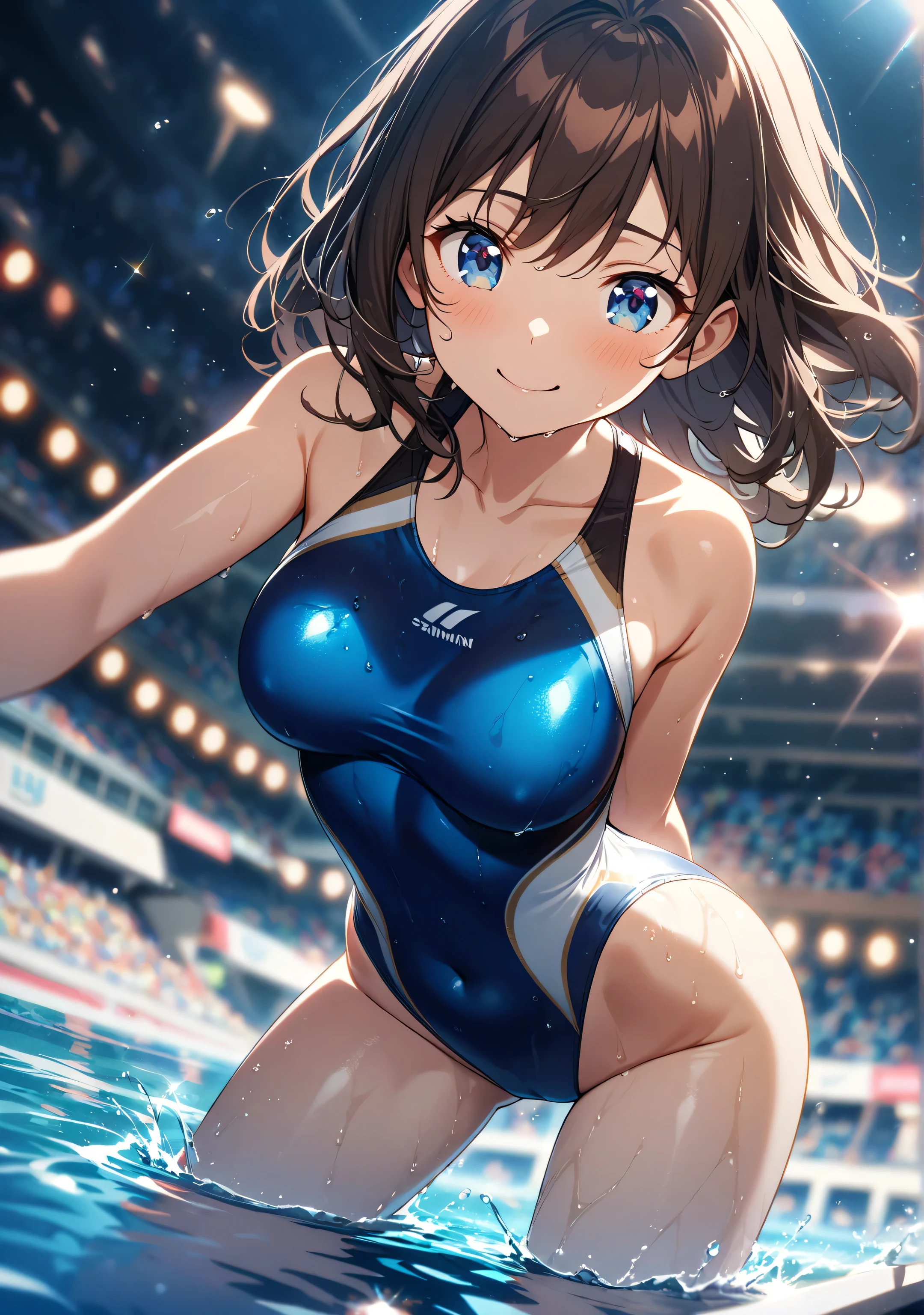 (((pixel perfect, Detail Perfect))), alone, 1 girl, Watanabe, bow, looking at the viewer, laughter,Happy atmosphere,barefoot、white competitive swimsuit、wet texture、beautiful big breasts、swimming stadium、pool、Audience seats、standing in water、Soak up to the chest、poolサイドに座り