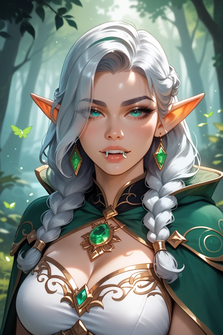 (alta qualidade,4k,8K,high resolution,Obra de arte:1.2),ultra-detalhado,realista,Olhos como Jennifer de Witcher 3,long eyelashes,lindos olhos detalhados,beautiful detailed lips,cabelo preto,detalhes detalhados do rosto,(afinar:1.1),(jovem:1.1),(Elf-like:1.1),Modelo,Figura esbelta,orelhas de elfo com piercing,sentado em uma pedra coberta de musgo,yawning with boredom,illustration,photorealista,retrato,estilo de fantasia sombria,cores vivas,soft lighting,atmosfera enevoada