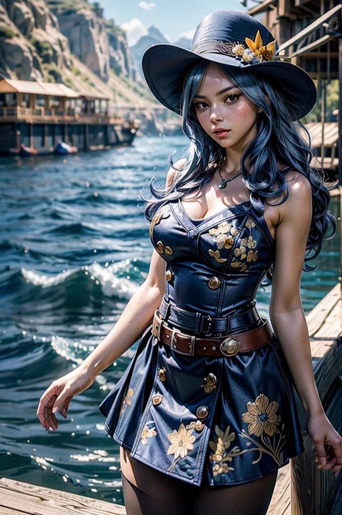 Gorgeous pirate ??????? a pirate ship at sea, sexy girl, short curly dark blonde hair, oily skin, sexy masterpiece, best quality, highest quality, high definition, highly detailed, 8K, athletic and fit body, naughty, perfect hands, detailed hands, perfect eyes, detailed eyes, flirty, sexy, realistic, HDR, UHD, dynamic, small boobs, cleavage, intricate details, Full pirate clothes, piercing blue eyes, bright aqua blue eyes