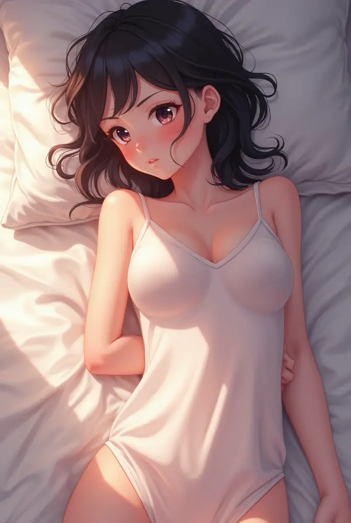 Make a naked female anime character on her back in bed with an embarrassed face 