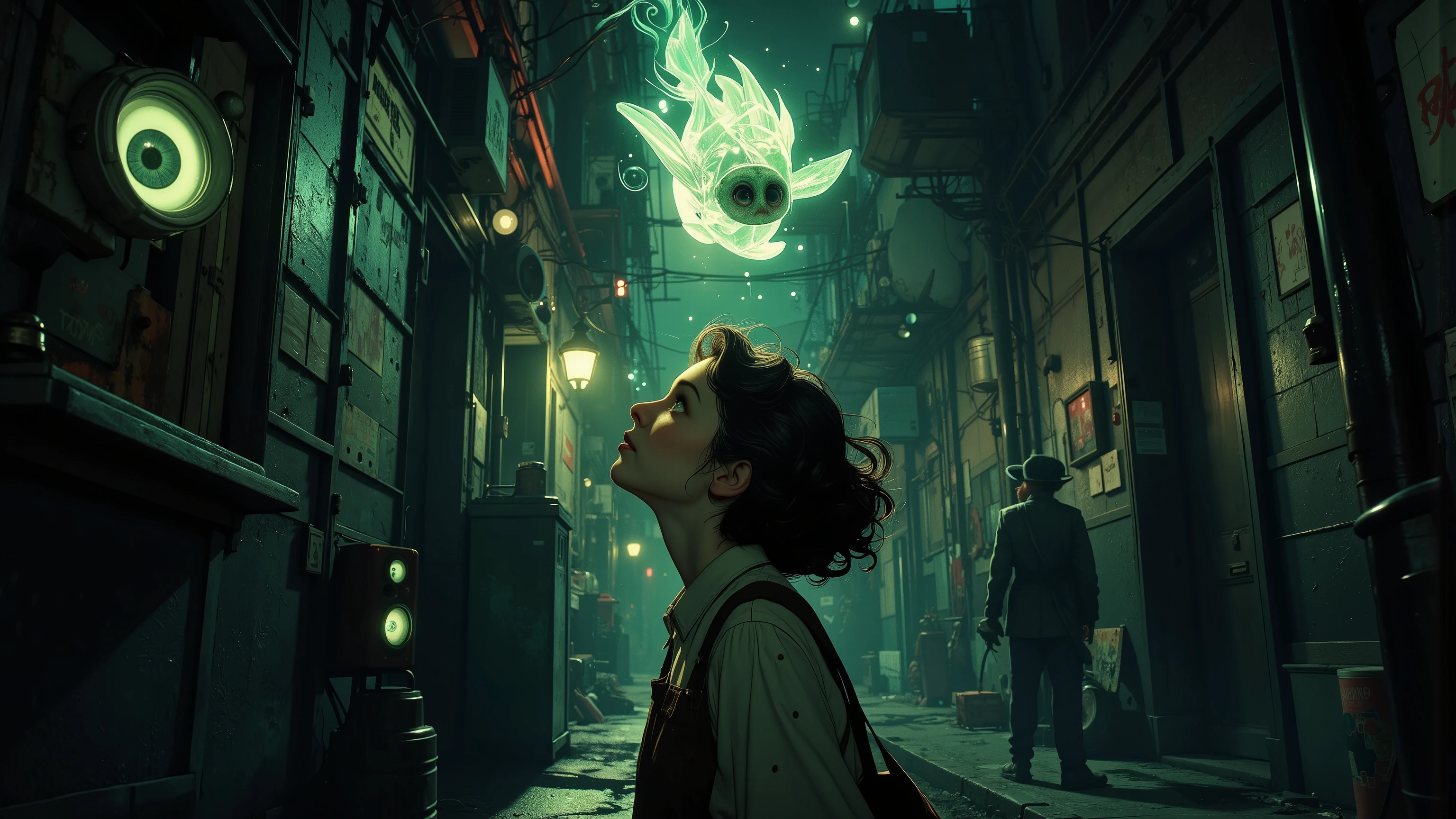 A dark alleyway lit only by a faint, eerie black light glows with an otherworldly intensity. Alice Liddell's eyes widen in madness as she stares upwards at a fisheye lens-distorted view of a creepy glowing geometrical fish hovering above a radio tower. The tilt angle emphasizes the surreal atmosphere, while the Eye of Providence watches ominously from the shadows. A masterpiece of lunacy, this scene is an award-winning blend of UHD and HDR visuals.