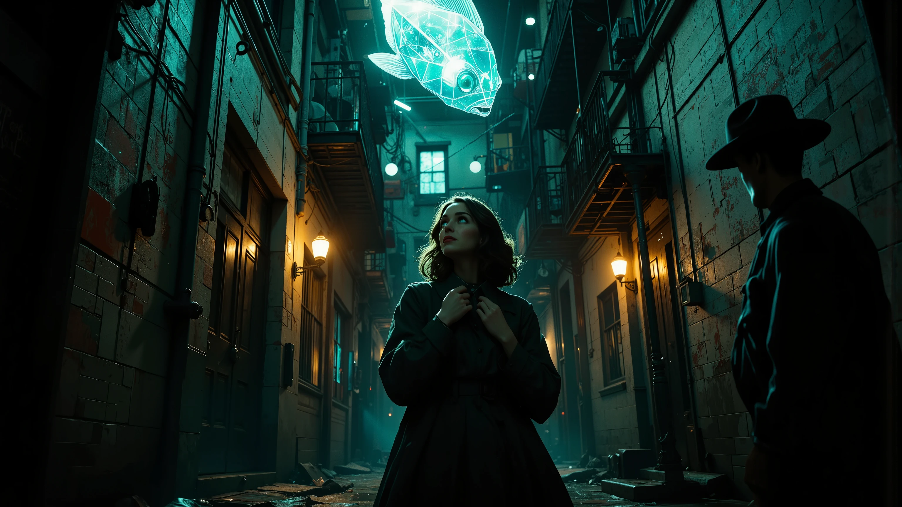 A dark alleyway lit only by a faint, eerie black light glows with an otherworldly intensity. Alice Liddell's eyes widen in madness as she stares upwards at a fisheye lens-distorted view of a creepy glowing geometrical fish hovering above a radio tower. The tilt angle emphasizes the surreal atmosphere, while the Eye of Providence watches ominously from the shadows. A masterpiece of lunacy, this scene is an award-winning blend of UHD and HDR visuals.