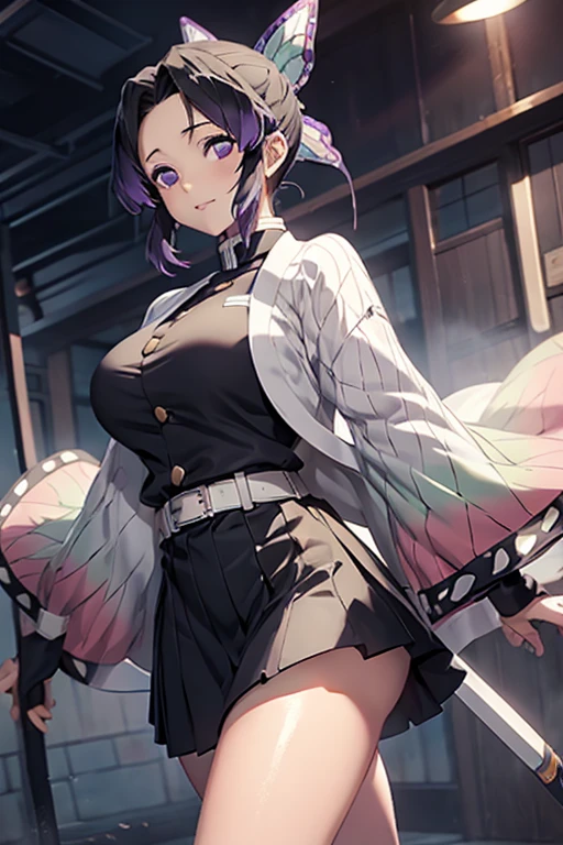 Kochou Shinobu, 1girl,master part, cabelos multicoloridos,Mangas, Purple eyes, Black jacket,black skirt,uniforme, Haori branco, , Multiple Butterflies, , Lake sunset, Reflexo da lente, perfect lighting, extremely high quality, hands behind, coxas grossas, seios grandes, clivagem,extremely high quality, high resolution.
