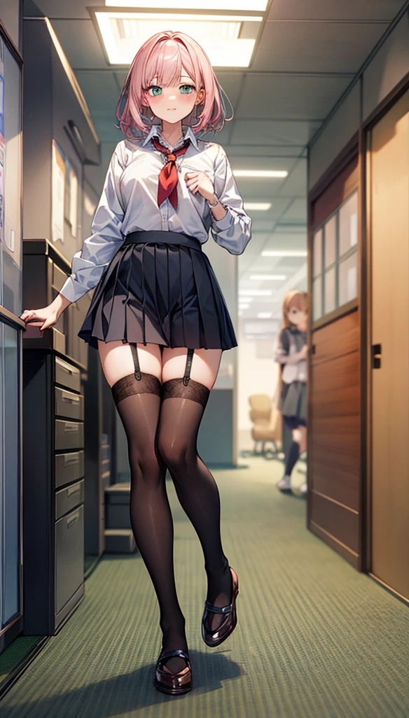 One Girl, solo, ((White shirt)), Black knee socks, Proudly, Cleavage,Black panties,Spread your legs wide,legs apart,Black bra,Big Ass,Large Breasts,Low - Angle,Chair下からのアングル, Cowboy Shot,uniform, officeの背景, Black Skirt, Pleated skirt, Very short skirt,Panty flashing,office,E Cup, Look at the viewers, solo, Thighs Thighs Thighs Thighs, Thighs Thighs Thighs Thighs, ((masterpiece)), Sit on, Chair, desk work, Computer on the desk, Name tag, ID Tag, in house, blush, Sexy pose
