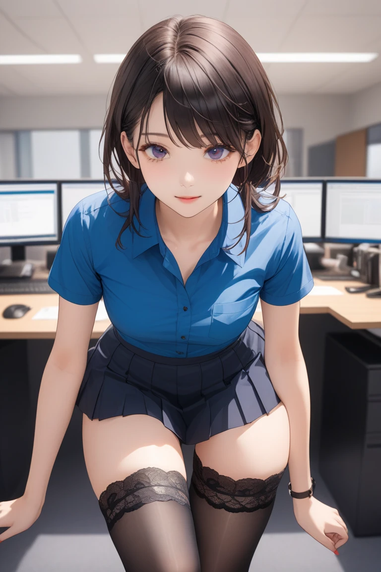 cute kpop girl, pee diaper, wet diaper, school uniform, smile, long hair, black hair, office, desk, skirt, chair, realistic, 3d, photorealistic, 3d render, real