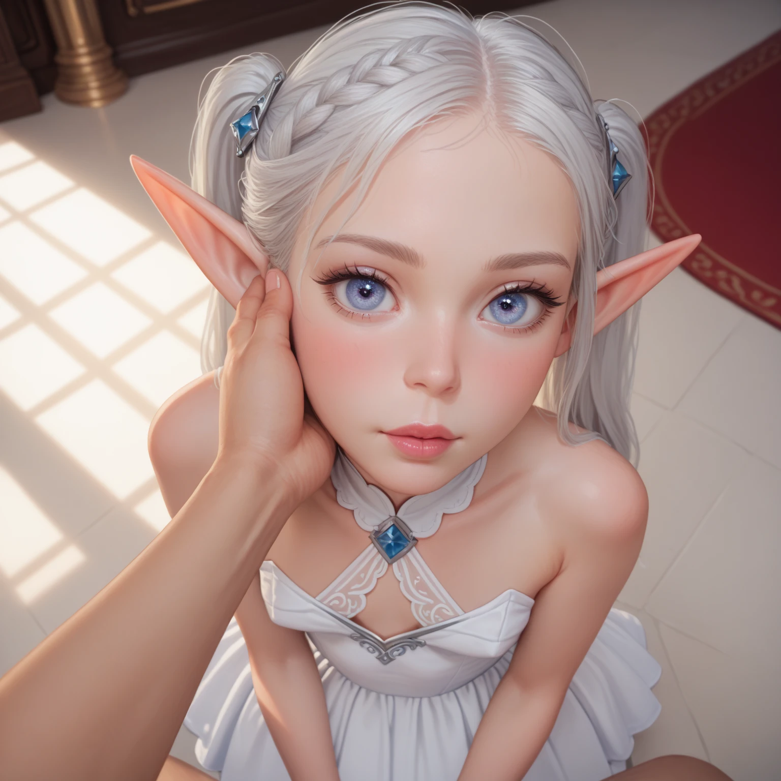 masterpiece, best quality, perfect face, 1girl, beautiful_face, white_hair, small breast, ((climaxing)),(illustration),(extremely detailed),(highly detailed),(best quality),(masterpiece),(highres),nsfw,(cinematic lighting), trembling, (choker, crotch_tattoo, bondage harness, chains),naked,elf, (1 man, huge veiny penis, coopfellatio, fellatio, licking, ice-cream, 2girls, POV),beautiful bedroom background, commodities, light, (detailed background)<lora:legsTogetherSIDETest_v10:1> <lora:coopFellatio_1:0.7>