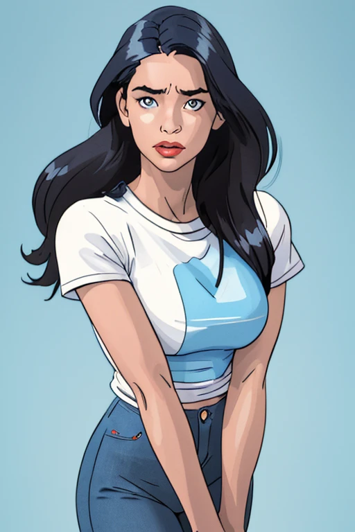 ((Realista)) e fotografia ultra-detalhada de uma mulher, sensual pose, arms pushing breasts, jeans, mamilos aparecendo na camiseta, ensolarado, luz solar, Luz do dia, dia, woman is lit from the front, rim lighting,, woman is well lit, sensual, Mulher bonita, pele brilhante, cinematic lighting,