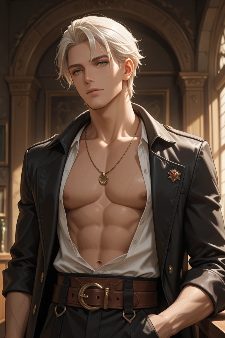 4k, high resolution, best quality, masterpiece, perfect color, perfect shade, perfect lighting, Posted by e621, ((portrait)), ((handsome man)), perfect male figure, Short hair details，chest muscles，abdominal muscles，Naked torso,  Detailed face, perfect face, (stood up), Detailed background, ((Bonifasco Lighting)), (delicate eyes),(),green hair,