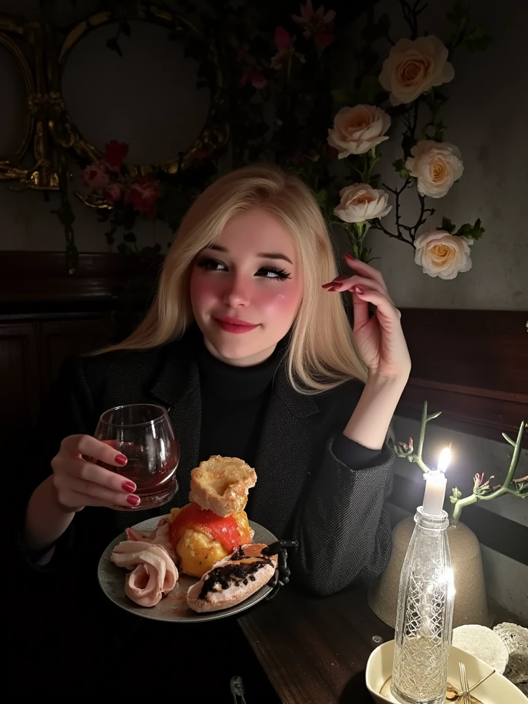 8k, RAW photo, portrait, best quality, ultra high res, photorealistic, intricate details, candid photography, a beautiful girl, blond hair, sitting at the table, luxurious plate, juicy and gourmet dessert, candle-lit table, dining cuisine,