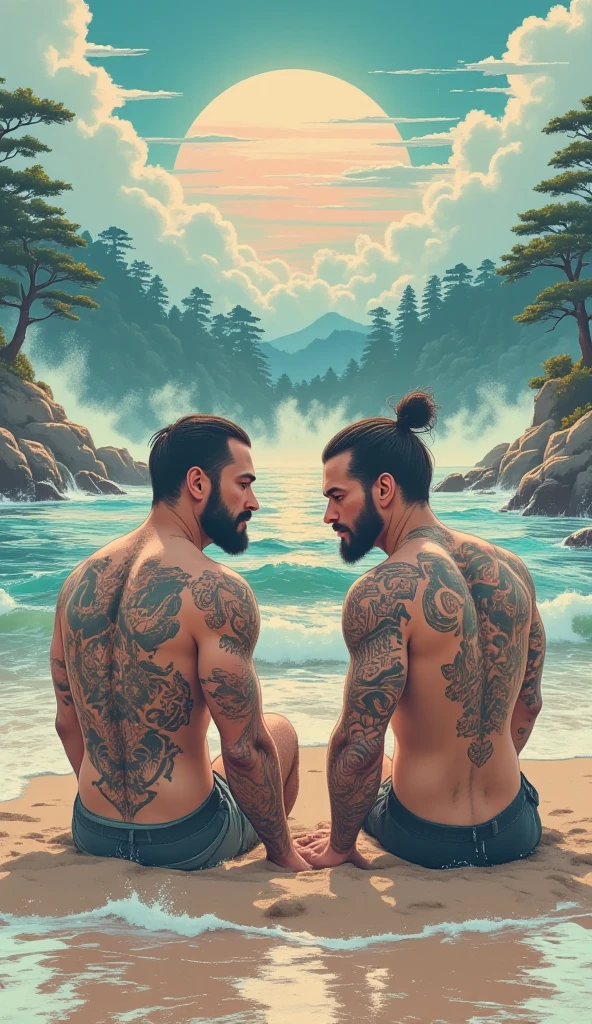 Shirtless white man with grey chest hair wearing blue jeans, hugging a tanned shirtless muscular young man with a flower tattoo on his arm wearing white shorts and a yellow cap on an aqua green background
