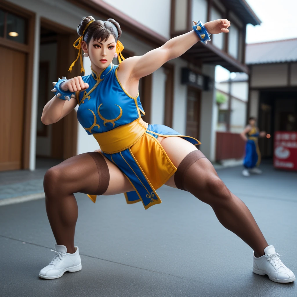 Em um photoshoot profissional e de marketing realista, capturar Chun Li, Highlight for hands that must have five fingers on each hand, the iconic Street Fighter character, in an intermediate action pose. Show off your strength and determination as she performs a powerful high kick, seu foco e intensidade evidentes em seus olhos penetrantes. Highlight your traditional Chinese-inspired attire, Complete with embroidered details and vibrant colors that convey your martial arts heritage and prowess, Enhance composition with dynamic lighting that accentuates the contours of your muscular physique, mantendo o fundo limpo e minimalista, allowing her to be the center of attention, Emphasis on hands that should be natural and realistic