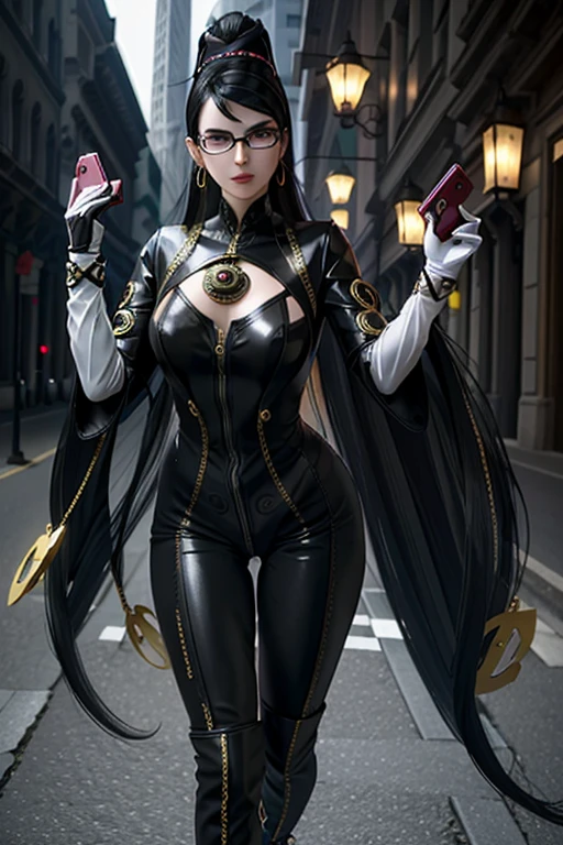 bayonetta_1_aiwaifu,black_hair,glasses,blue_eyes,mole_under_mouth,very_long_hair,jewelry,large_breasts,earrings,ribbon,bodysuit,gloves,hair_ribbon,makeup,lipstick,cleavage_cutout,cleavage,amulet,chain,elbow_gloves,bangs,gold_chain,skin_tight,official art,extremely detailed CG unity 8k wallpaper, perfect lighting,Colorful, Bright_Front_face_Lighting,shiny skin,
(masterpiece:1.0),(best_quality:1.0), ultra high res,4K,ultra-detailed,
photography, 8K, HDR, highres, (absurdres:1.2), Kodak portra 400, film grain, blurry background, (bokeh:1.2), lens flare, (vibrant_color:1.2),professional photograph,
(beautiful_face:1.5),