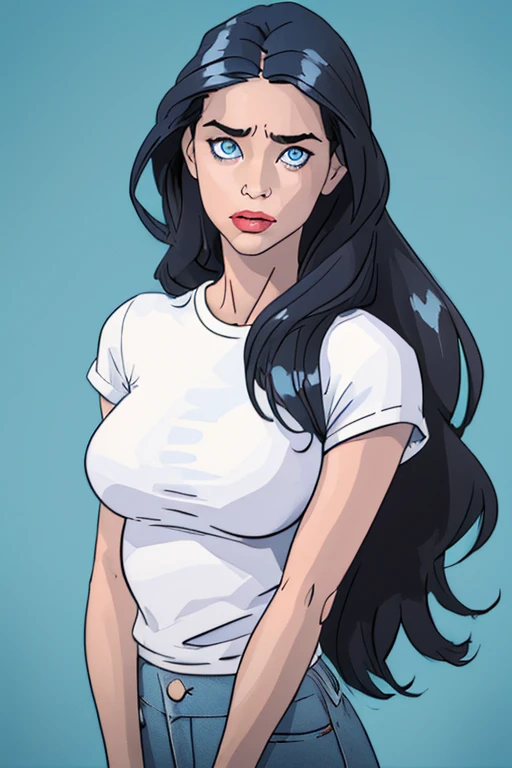 Girl pretty, black long hair, taller, jeans and a white t-shirt. Comic style. Marvel comics, beautiful woman.