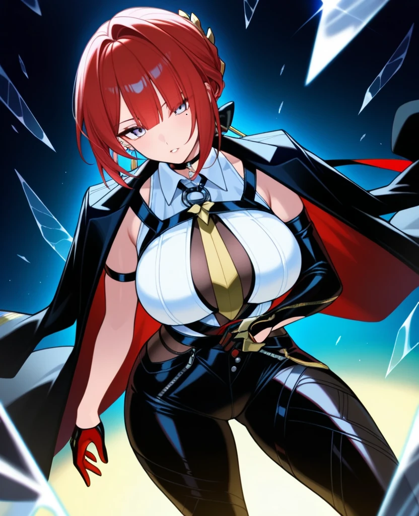 1girl, ultra high res, large chest, bare color body suit, covered navel, cape, smile, red eyes, open mouth, 