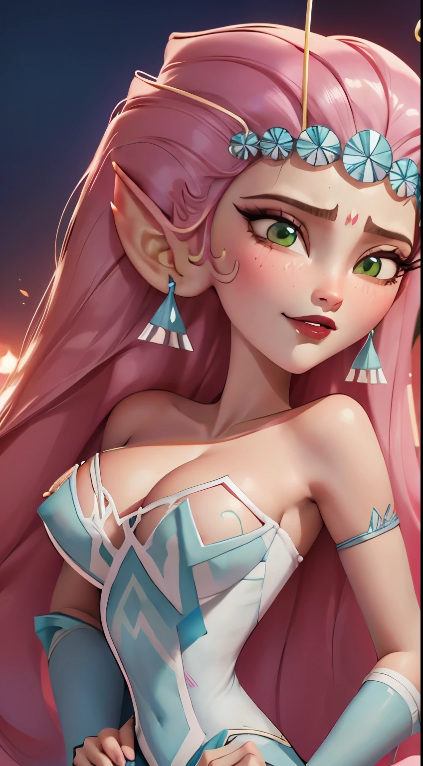 (masterpiece:1.4), (best quality:1.4), detailed, an elf girl in transparent -Doll, pink purple orange hair, multi color hair, milf, long frizzy hair, blue eyes, cleavage, legs apart, in a dark room, (no panties), (ahegao:1.3), multi color