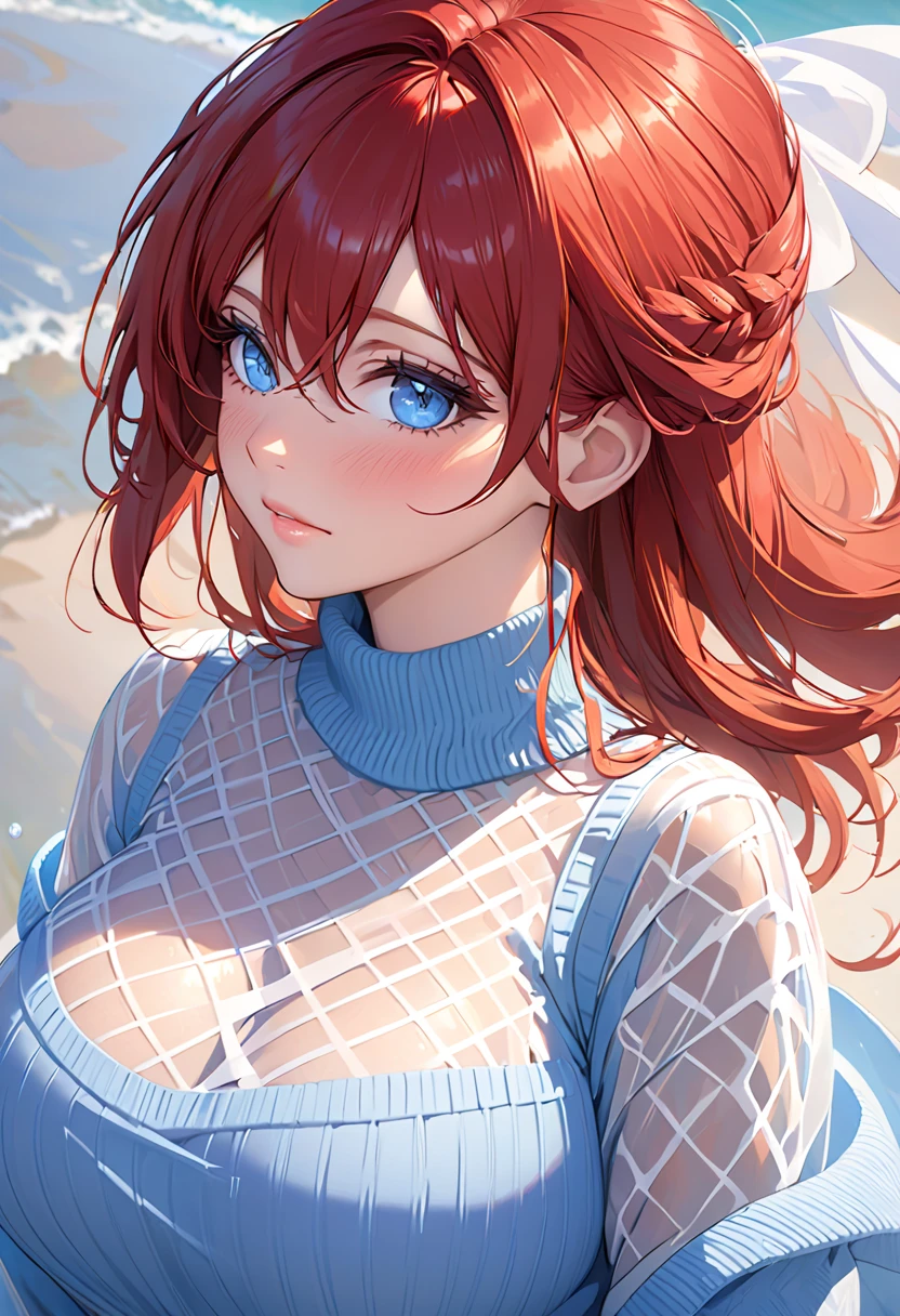 [:(detailed face:1.2):0.2], raw photo, (masterpiece), (best quality), high resolution, (realistic, photorealistic:1.2), ultra detailed, rendering with physical base, 1girl, freckles, large breasts, neckline, upper body, air bangs, starry night, long hair, ((red hair)), wavy hair, bare shoulders, swimsuit, seaside, lots of sun --auto --s2