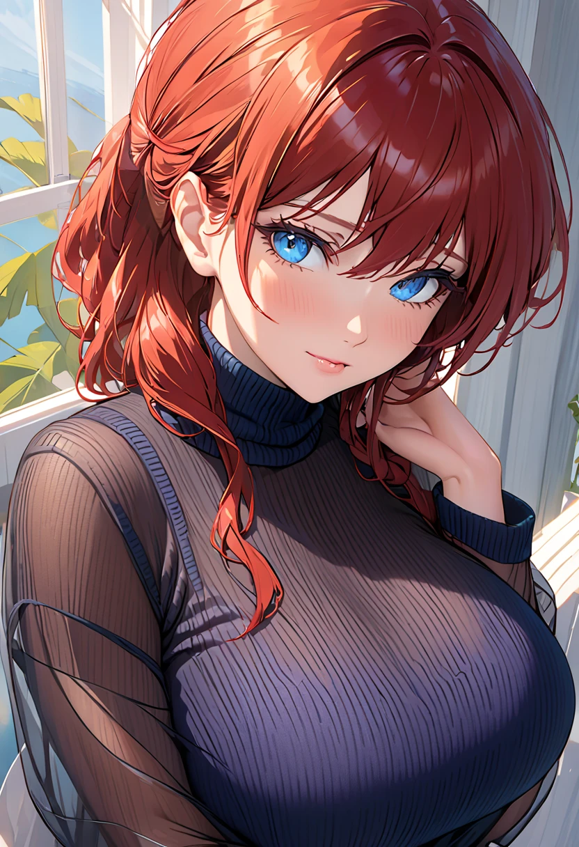 A aroused woman with voluptuous toned figure, firm round 34DDD sized breasts, erected nipples, red lips, and straight red hair, wearing an extreme skintight turtleneck velour blue blouse with a belt and a colorful floral skirt, sitting and smiling, high quality, detailed face portrait, photorealistic, 8k, vivid colors, warm lighting, intricate details, hentai, waifu, full body view