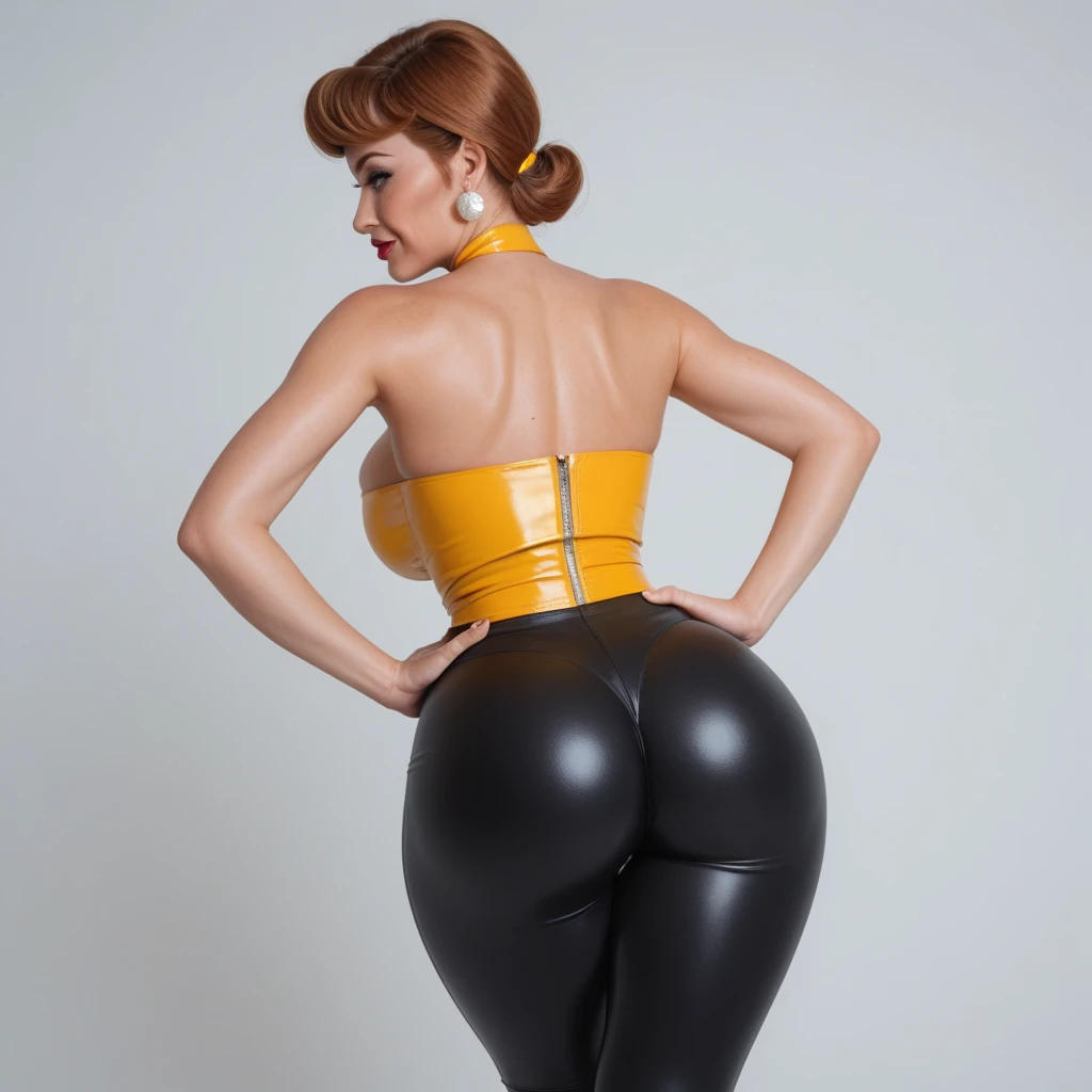 2 PERSONS, MILF, , BBW, photo vintage, visage feminin parfait, tache de rousseur, 1977 big huge breasts : 38H, REAR VIEW, ( ORANGE latex suit WITH AN OPEN BACK , BEAUTIFUL EYES, PERFECT EYES, BEAUTIFUL HANDS, LIGHT SMILES, PERFECT FACE, ORANGE background color) , aroused, NORMAL EYES, DETAILLED EYES, PAIRED EYES. SMILING, CHOKER, MODE, PERFECT ASS