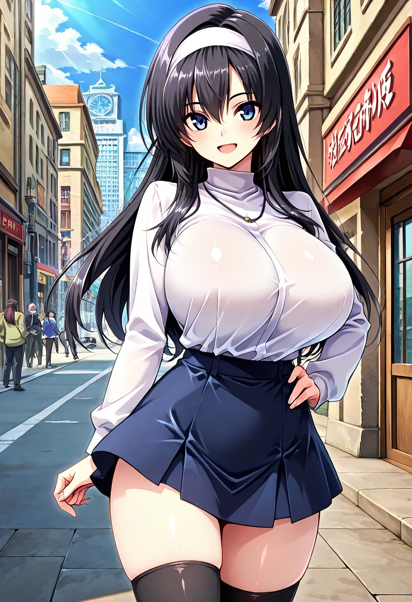 one woman,mini skirt,blouse,stockings,standing,boobs,short of a person,cute face,drooping eyes,big eyes,smiling,upturned eyes,long hair,wave hair,outdoor,daytime,Crowd of People,anime style,masterpiece, extremely fine and beautiful,illustration