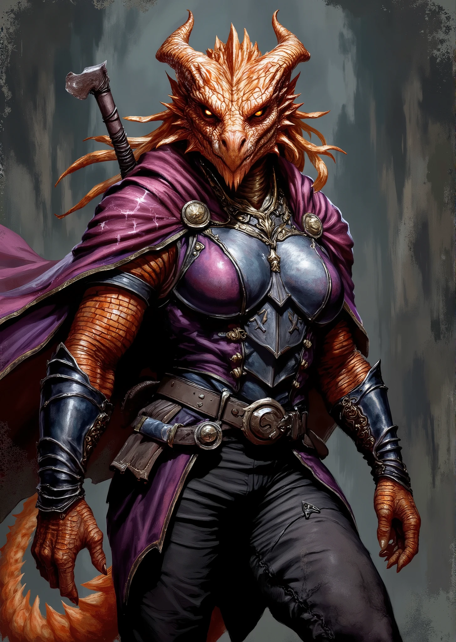 An extremely detailed comic book illustration of an extremely curvaceous Metallic Copper Dragonborn from Dungeons and Dragons which look like wingless bipedal dragons scaly bright-eyed and thick-boned with horns on their heads with a copper coloration trained as a Dungeons and Dragons Arcane Trickster Rogue relying on cunning stealth and their foes vulnerabilities to get the upper hand in any situation focusing on stealth and deception as well as climbing finding and disarming traps and opening locks prioritizing subtle strikes over brute strength mastering magical tricks to aid her in her trade wearing a vibrant and dynamic outfit that reflects a playful yet cunning personality perfect for a rogue or trickster with a richly colored dark cloak flowing over her shoulders fastened at the front with a decorative clasp with a luxurious texture lined with a contrasting color enhancing its visual appeal a fitted dark shirt that hugs her massive breasts and allows for maximum mobility with subtle detailing that adds depth to her look a sleeveless vest that is fitted and features multiple pockets for carrying tools and gadgets adorned with intricate patterns and designs suggesting her resourcefulness and flair for style fitted sleeves that extend to her wrists with one of her hands showcasing a glowing magical effect suggesting she possesses some magical abilities a wide belt cinching her waist decorated with various pouches both functional and stylish complementing the overall outfit dark fitted trousers that allow for ease of movement with reinforced areas for added durability in an art style inspired by Frank Miller and Conan the Barbarian. The Background is awash in dark moody textured brushstrokes in mystical tones. Standing in a dynamic action pose. Trending on Art Station.