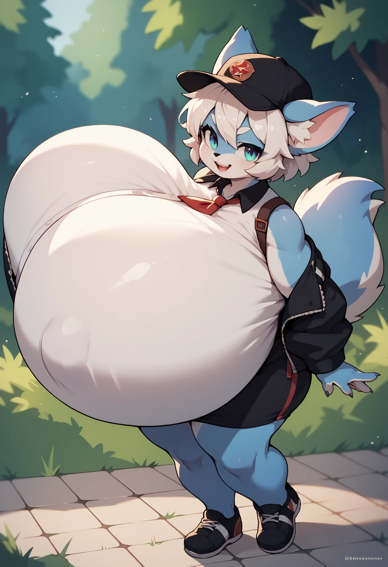 Male, solo, rabbit, lagomorph, big ears, antlers, nervous, hoodie, white fur, white body, hair, short hair, by pgm300, by bebebebebe, by kishibe, by suurin 2, by buta99, alleyway, plants, fat, overweight, massive belly, vore, large stomach