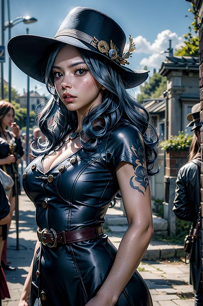 A mysterious sexy and hot queen in the center of a gothic village, around her her people of fantastic creators who proclaim her