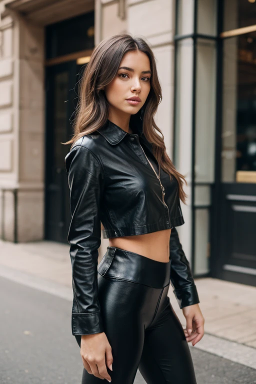 Instagram-Foto, 30-year-old Kulumbian, kurzes Haar, schwarzes Haar, (leder, bh, bauchfrei), (leder, hotpants), harte Schatten, braune Haut, wide hips