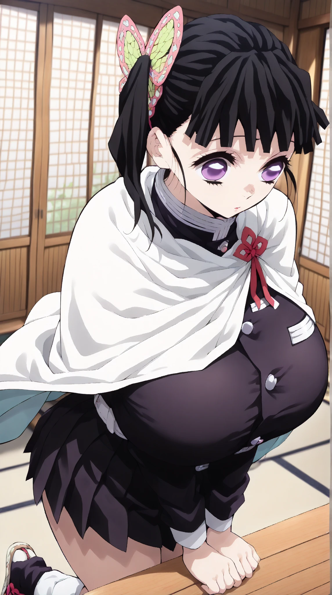 Kanao tsuyuri (demon slayer),1girl, black hair, purple eyes, anime style, white cape, demon slayer corps uniform, big breasts, butterfly hair ornament, vagina, 1boy, hetero, penis, sitting, sex, cowgirl position, maoning, blushing, boy green/black chekered haori