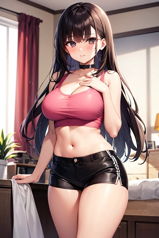 best quality, 1girl, masterpiece ultra detailed, illustration, glossy lips, indoors, standing, big breasts, (short shorts, micro_shorts, crop top), light smile, View viewers from the front, tigh strap