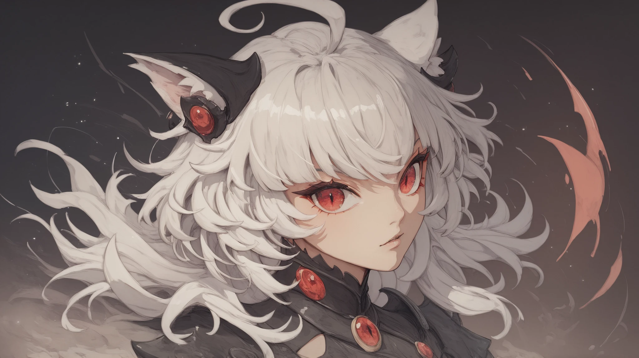 Arrisa ((cat girl)), (red eyes), (medium hair), (( white hair, (Ahoge), straight bangs,)), (solo el brazo derecho demoniado completamente rojo), (de fondo un ambiente post apocalíptico),