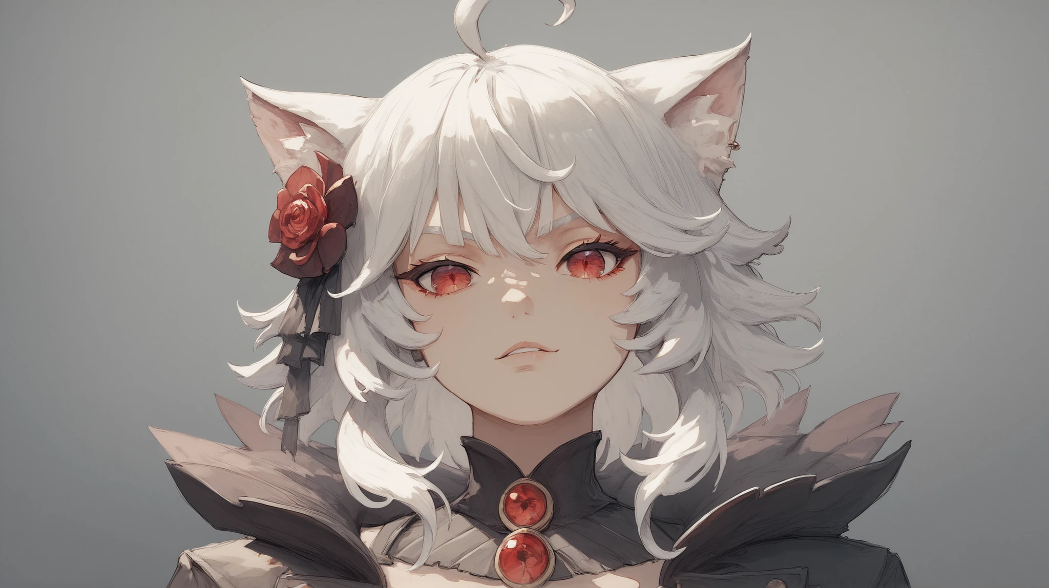 Arrisa ((cat girl)), (red eyes), (medium hair), (( white hair, (Ahoge), straight bangs,)), (solo el brazo derecho demoniado completamente rojo), (de fondo un ambiente post apocalíptico),