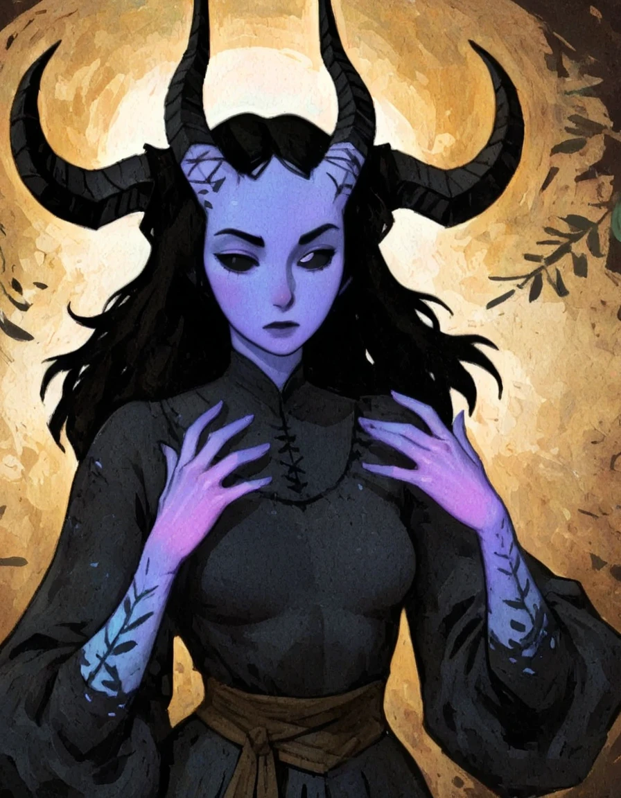 drki, 1girl, gorgeous tefling, vibrant violet skin, horns, perfect hands, black eyes, black sclera, medieval clothes, fantasy aesthetic, painterly illustration, gouache painting, soft illustration, 2d art, abstract background, masterpiece, best quality, xss, Smooth Quality, sevenseven, vivid, gradient, smooth, semi-realism, (masterpiece, best quality)