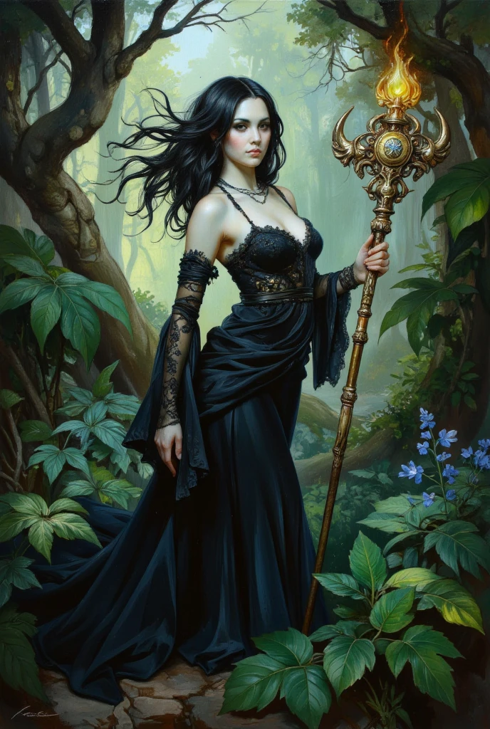 a woman with piercing green eyes in a black dress holding an antique gothic style lantern, in front of a lake, full-length portrait, dark sorceress, dark fantasy concept art, gothic fantasy art, a beautiful sorceress, dark fantasy mixed with realism, dark fantasy art, dark and dark forest scenery, high resolution, 8k, oil painting, fineart, soft and finely marked details, stylized painting by John Waterhouse
