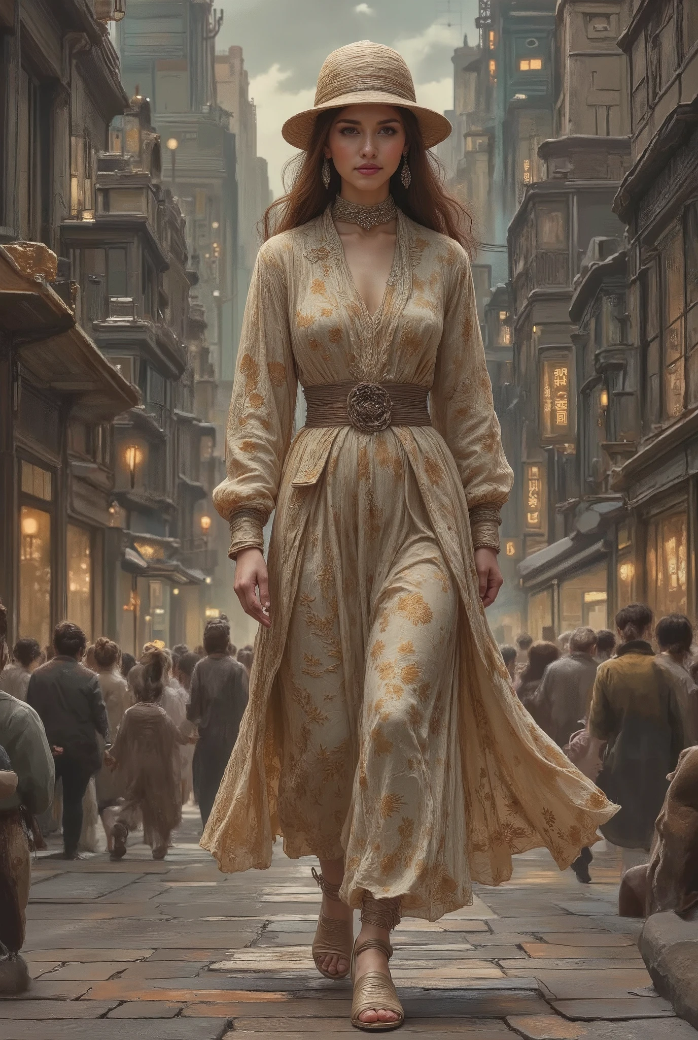 (( A woman of the future walking in the metropolis like any ordinary day wearing a clothing style that references a great style and pattern "Bauhaus style" all differentiated in each subtlety and relief of clothing , nails with reference style "Bauhaus style" , brown hair, delicate face with a thin eyebrow a hat refers to spring with style "Bauhaus style" way of walking subtle but well of style "Bauhaus style" quality and references to the world's great designers and especially to style "Bauhaus style" HD 8k style, soft texture with colors in tune with the present , past and future with an idea more focused on the contemporary , in addition to the dress style "Bauhaus style" The background image "Bauhaus style" all the information above is completely and completely unchanged))