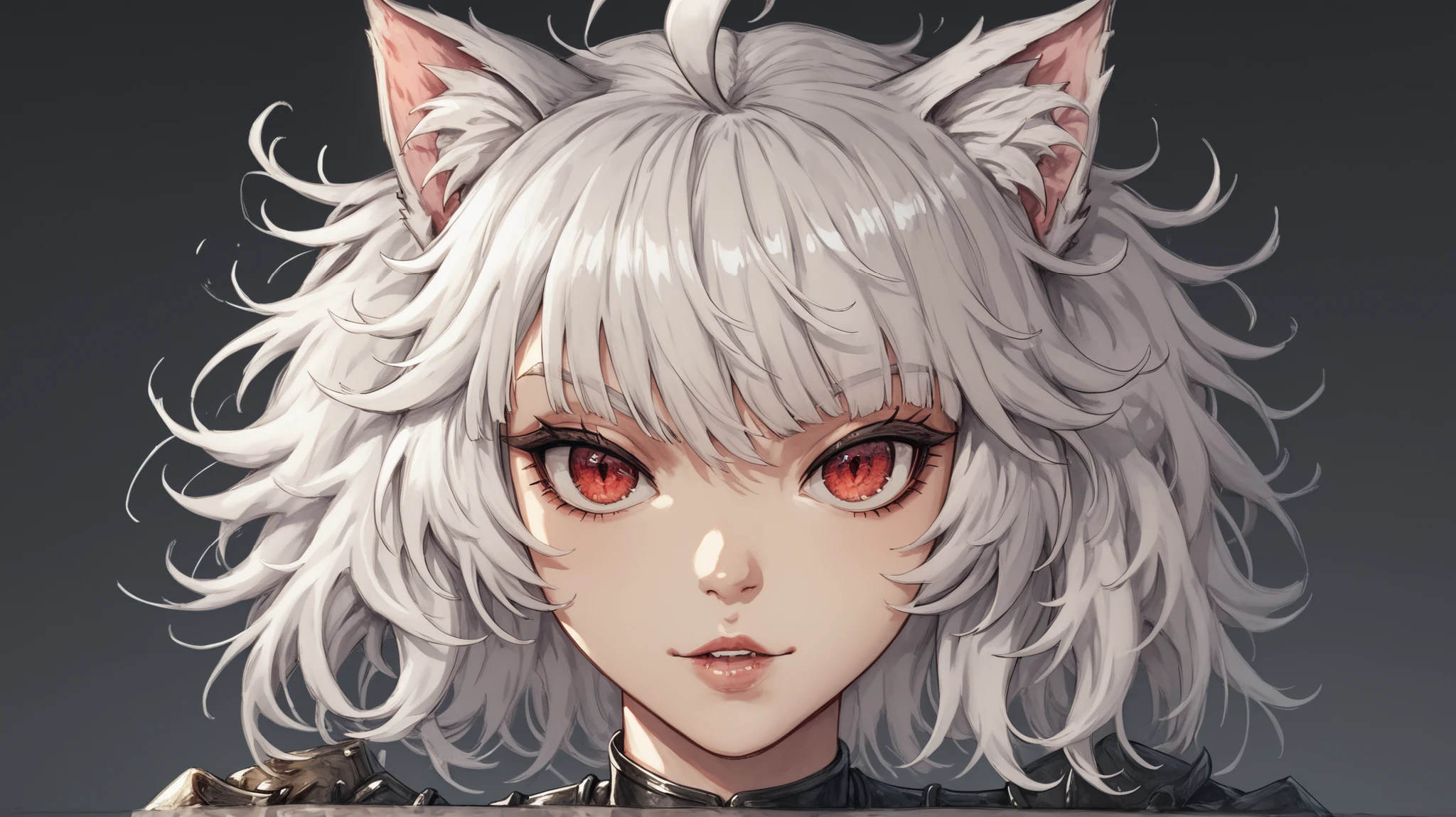 Arrisa ((cat girl)), (red eyes), (medium hair),(messy hair), (( white hair, (Ahoge), straight bangs,)), (solo el brazo derecho demoniado completamente rojo), (cuerpo completo), (de fondo un ambiente post apocalíptico), 