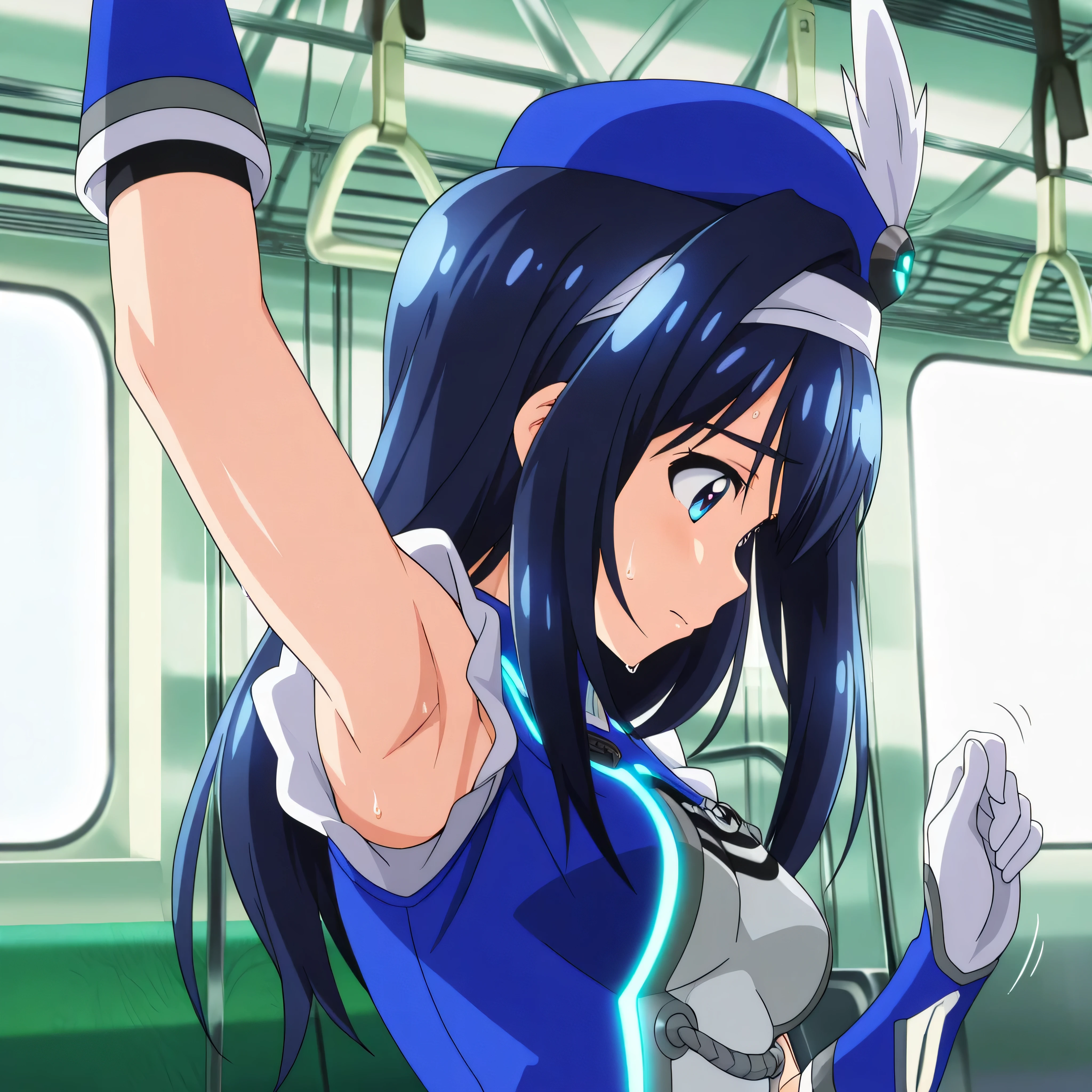 (masterpiece),(absurdres),(high quality), futaba aoi \(vividred operation\),vividred operation,blue hair, palette suit,hat,gloves,knee boots, bike shorts,hat feather, anime source, anime coloring, anime screencap, on train, holding hand grip
right arm up, right hand up,
train interior,indoors,window, standing, 1girl, solo, upper body, close-up, from right side, shiny skin, sweat, sweatdrops, worried, (motion lines), armpit peek,