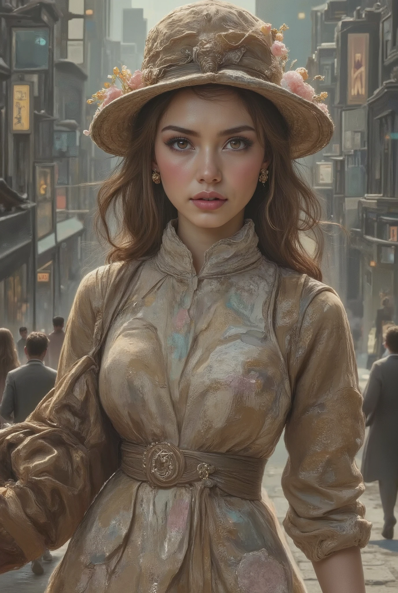 (( A woman of the future walking in the metropolis like any ordinary day wearing a clothing style that references a great style and pattern "Bauhaus style" all differentiated in each subtlety and relief of clothing , nails with reference style "Bauhaus style" , brown hair, delicate face with a thin eyebrow a hat refers to spring with style "Bauhaus style" way of walking subtle but well of style "Bauhaus style" quality and references to the world's great designers and especially to style "Bauhaus style" HD 8k style, soft texture with colors in tune with the present , past and future with an idea more focused on the contemporary , in addition to the dress style "Bauhaus style" The background image "Bauhaus style" all the information above is completely and completely unchanged))