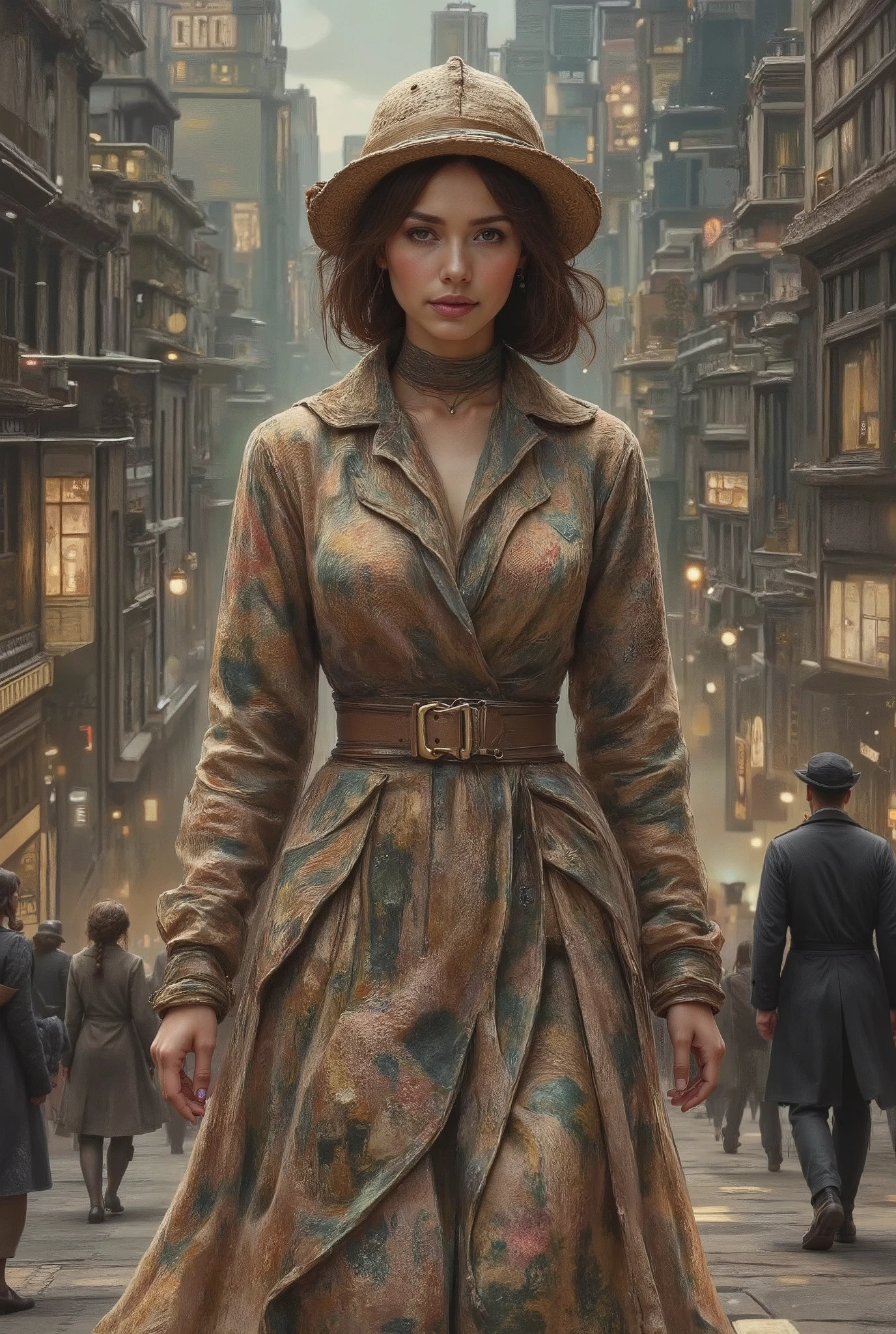 (( A woman of the future walking in the metropolis like any ordinary day wearing a clothing style that references a great style and pattern "Bauhaus style" all differentiated in each subtlety and relief of clothing , nails with reference style "Bauhaus style" , brown hair, delicate face with a thin eyebrow a hat refers to spring with style "Bauhaus style" way of walking subtle but well of style "Bauhaus style" quality and references to the world's great designers and especially to style "Bauhaus style" HD 8k style, soft texture with colors in tune with the present , past and future with an idea more focused on the contemporary , in addition to the dress style "Bauhaus style" The background image "Bauhaus style" all the information above is completely and completely unchanged))
