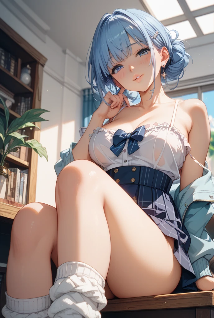 (highest quality, High resolution:1.2), (spread your legs:1.9),(raise your legs),(lie down on the lux sofa:1.7),(love hotel:1.7),(NSFW:1.3),((A girl trembling at sexual climax))、(Flipping up a skirt to show underwear:1.3)、Maid clothes、ta costume、 fine and beautiful eyes, blue hair、short hair、Rezero Rem、Rem's thick and beautiful lips, highly detailed eyes and face, long eyelashes, Moderately:Oil, bright colors, HDR, studio lighting, Ultra-fine painting, sharp focus, Physically based rendering, extreme details, portrait, curved body, Moderately胸, perfect shape, face-to-face audience, sweaty, nice, half body photo, displayed in full frame, lace sexy underwear,baby doll、exposed bare shoulders,outdoors、in the crowd、wet clothes