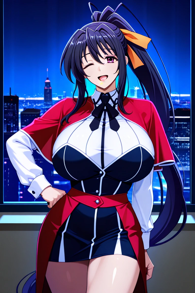 masterpiece, best quality, akame (akame ga kill!), full body, 1girl, solo, long hair, black hair, red eyes, necktie, very long hair, looking at viewer, gloves, breasts, huge breasts, big breasts, cleavage, close shot, night background, night time, city stars, upper body