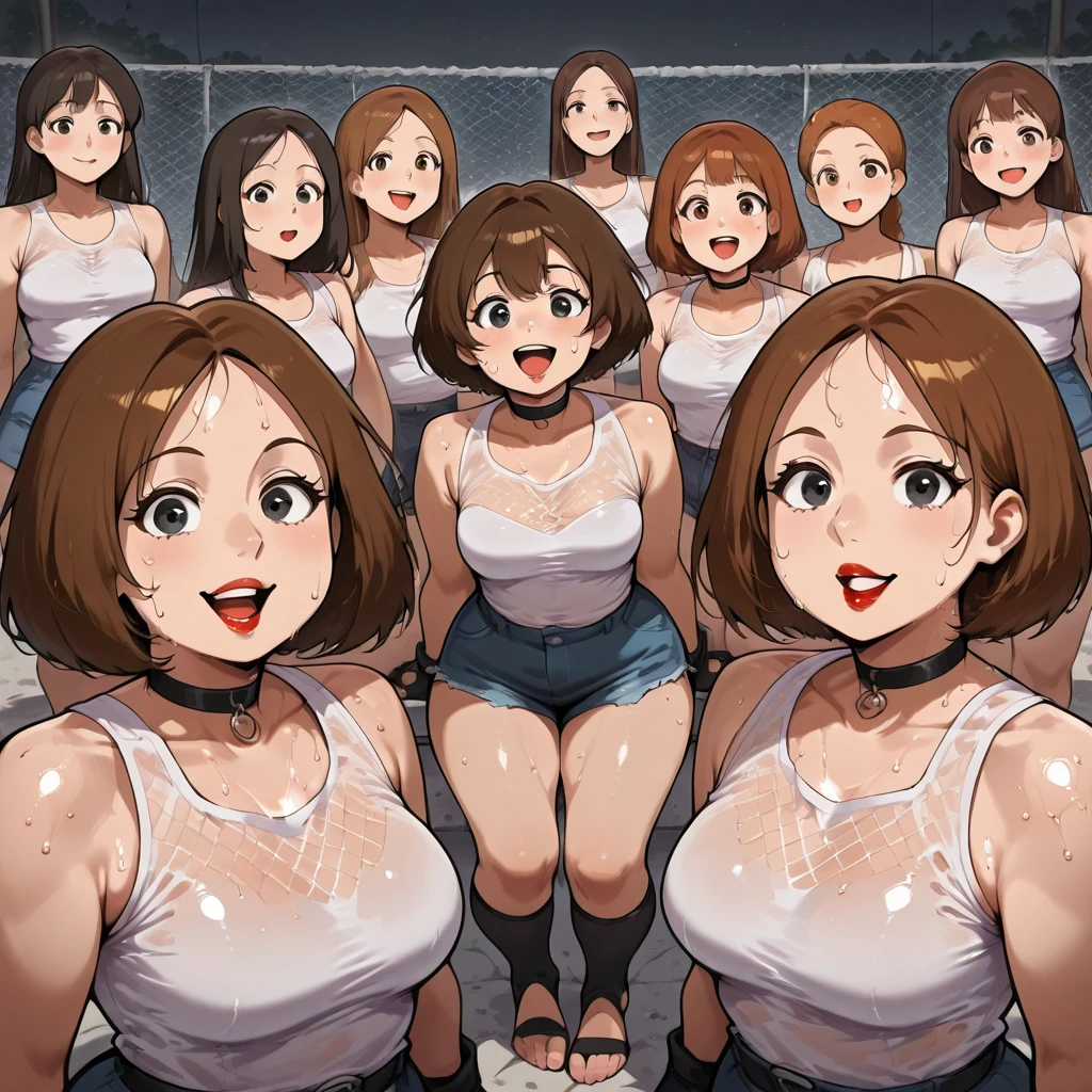 A crowd of clone girls wearing sleeveless white underwears, sleeveless White tank top underwear,sleeveless White camisole underwear, White panties underwear,leather shoes and shoulder bags commuting to work,Everyone in the same underwear,multiple clone girls, 20000+ clone girls,masterpiece,high detailed,best quality,All Girls,Wear only white underwear,brown hair,black eyes,long hair,clone girls