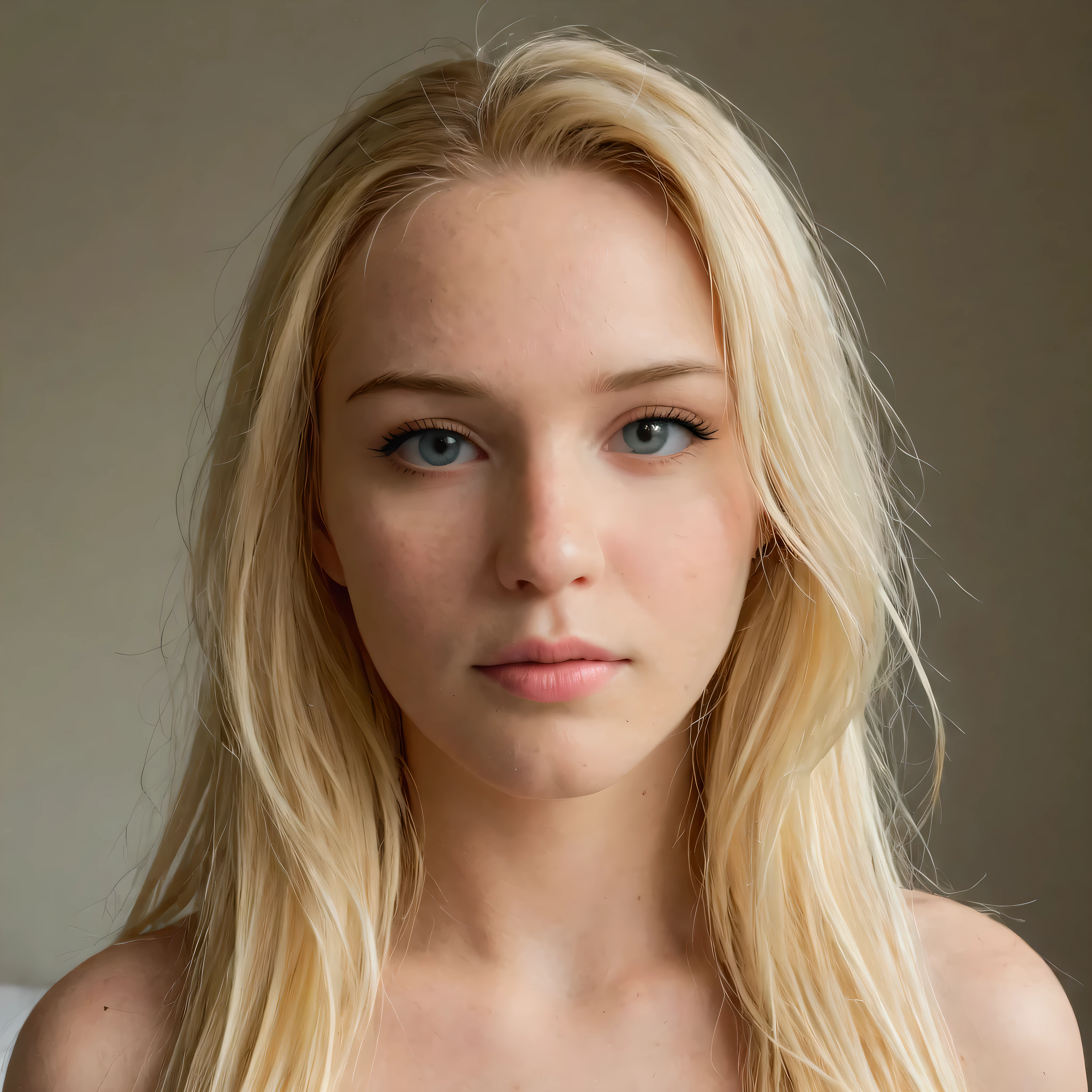 Photograph of a woman, ((detailed face)), blond hair, ((long hair)), looking at the viewer, face photography