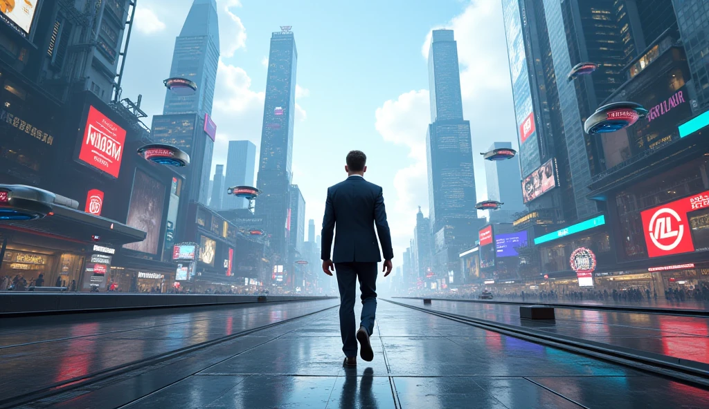 imagen realista de hombre caminando por time square, ambiente similar a blade runner, sad, tristeza, the sky is between blue and green, but more blue, cinematic lighting, intricate, high detail, sharp focus, dramatic, photorealistic, RAW
