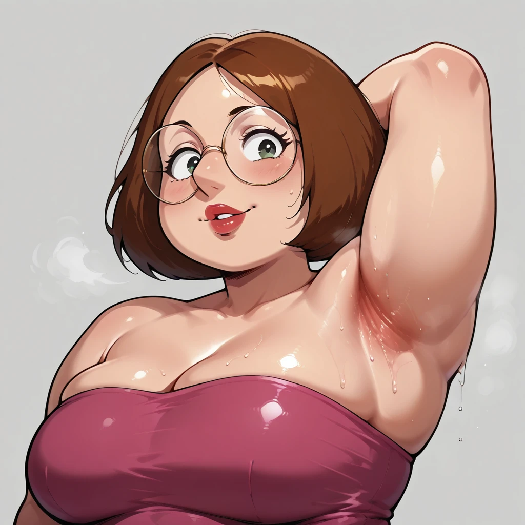 girl with bored expression, large round black glasses, stubby nose, large round eyes, cute, pink lips spots on skin, blush, dark eyeliner, large blue eyes, (brunette wavy hair), individual wild hair strands over face, super wide hips, ((anatomically correct)), nerdy, flat nose, round lips, raised eyebrow, small short braids in hair with colorful bangles, (gamer tattoo on neck), (tattoo on lower abdomenpupic), ((fluffy pubic hair)), chubby, small breasts, ((nude)), ((upper body portrait)), (((((huge eyes)), extremely exaggerated screaming in surprise))), bend forward, (taken from above and side)