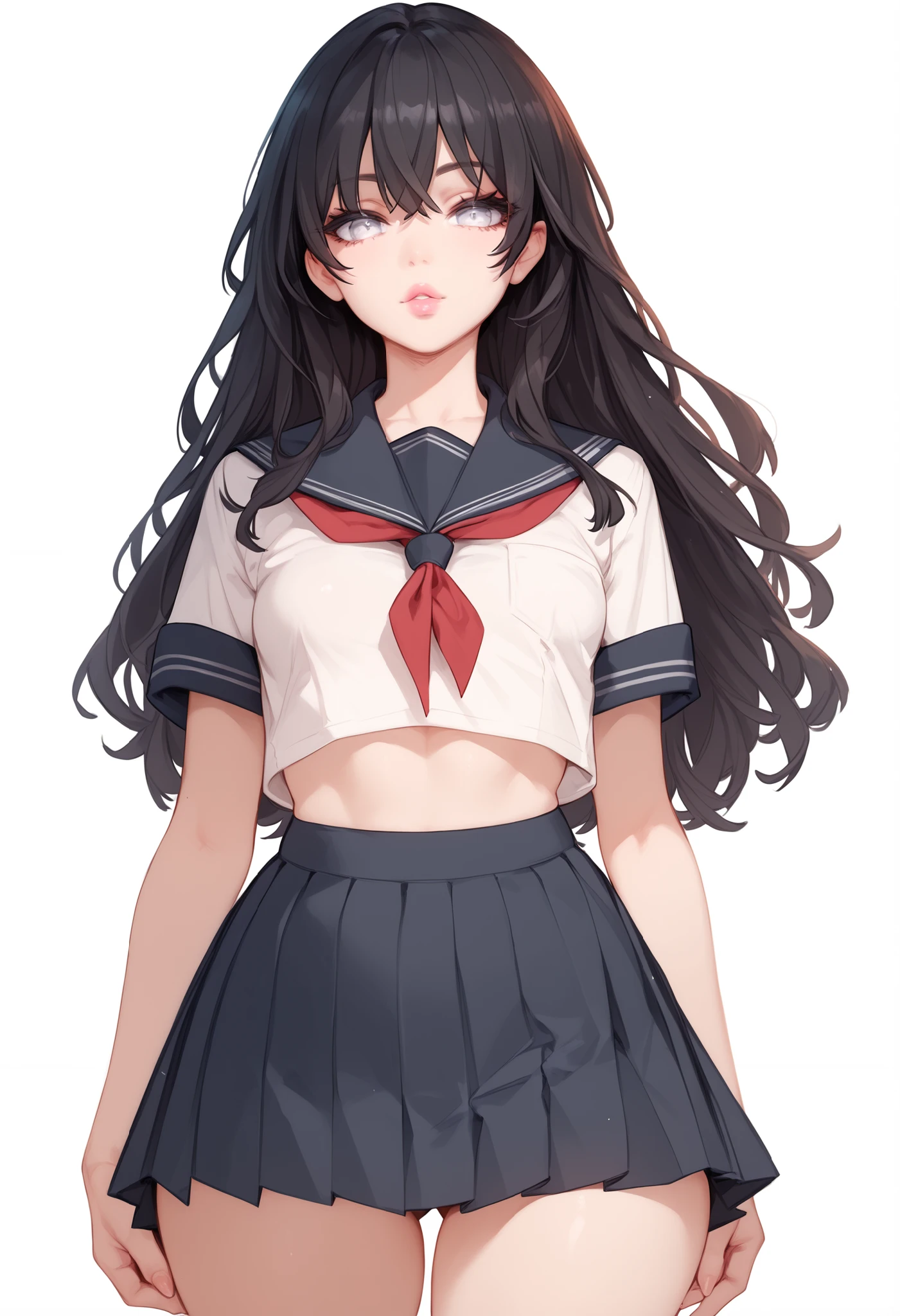 1girl, looking at viewer, simple background, cowboy shot angle, Poka, blind, white eyes, eyelashes, pink lips, long hair, black hair, school uniform, curvy body, small breasts,