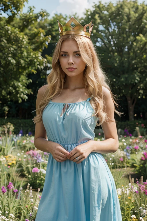 A 25-year-old blonde girl with straight hair cascading down to her shoulders and bangs framing her face, boasts a silky smooth skin texture and medium firm breasts that are elegantly highlighted by the snug-fitting, short blue dress she dons. As the wind softly brushes against her, causing her dress to billow and her hair to sway, she confidently strikes a pose, flawlessly smiling at the camera with an irresistible allure. Her radiant, hyperrealistic eyes gleam with a perfect goddess-like charm, captivating the viewer. The setting is serene, with ample sunlight illuminating the idyllic grassy landscape