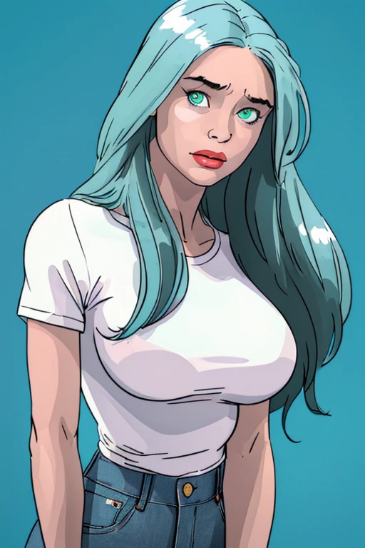 (beautiful,detailed eyes:1.1,green),(delicate facial features,clear complexion:1.1),(blue hair,unique),(mint t-shirt,jeans),(youthful,graceful posture),(vivid colors),(portrait:1.1),(sharp focus),(studio lighting),(bokeh),(female,1girl),(busty,voluptuous),(relaxed,confident expression) busty. Voluptuos. Comic style. Marvel comics.