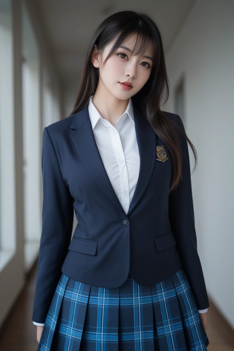 8K, Ultra-high resolution, Highest quality, masterpiece, 三分割法によるphotograph,Surreal, photograph, 1 Girl, (:1.3), pretty girl, Cute face, Beautiful eyes in every detail, 細かくdetailedに,masterpiece,, One Girl:1.2, Japan Female Announcer、Cowboy Shot,((very small head:1.3)),Center-parted bangs,amount,Black Hair,Long Hair,Iris,Gorgeous eyes,smile,((Toned body,Slender body,skinny)),(school uniform、Dark blue blazer jacket、Navy blue tie、Grey plaid pleated mini skirt),Beautiful leg line beauty,Captivating thighs,Glowing Skin,Shiny skin,Climbing the stairs,Fire escape in a building,Full of sex appeal,Sensual,屈託のないsmile,Heal the heart,Low - Angle、beauty,Long neck、Laugh a little、Please close your mouth and laugh、(((Ideal body type))),A cup small breasts :2,、Portraiture:2、Perfect Anatomy、鮮明なdetailed、detailed、Surreal、Light and shadow,Strong light