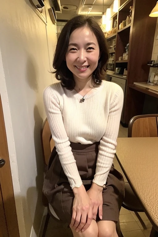 ((highest quality, 8k, masterpiece, Portraiture: 1.3)), (View Viewer), (close:0.85), Attractive business mature woman, , Slightly thicker:0.35, White collared shirt, Grey Skirt, (Big breasts and big hips:0.5), (Sit cross-legged on a desk)), smile, Cafe seats,