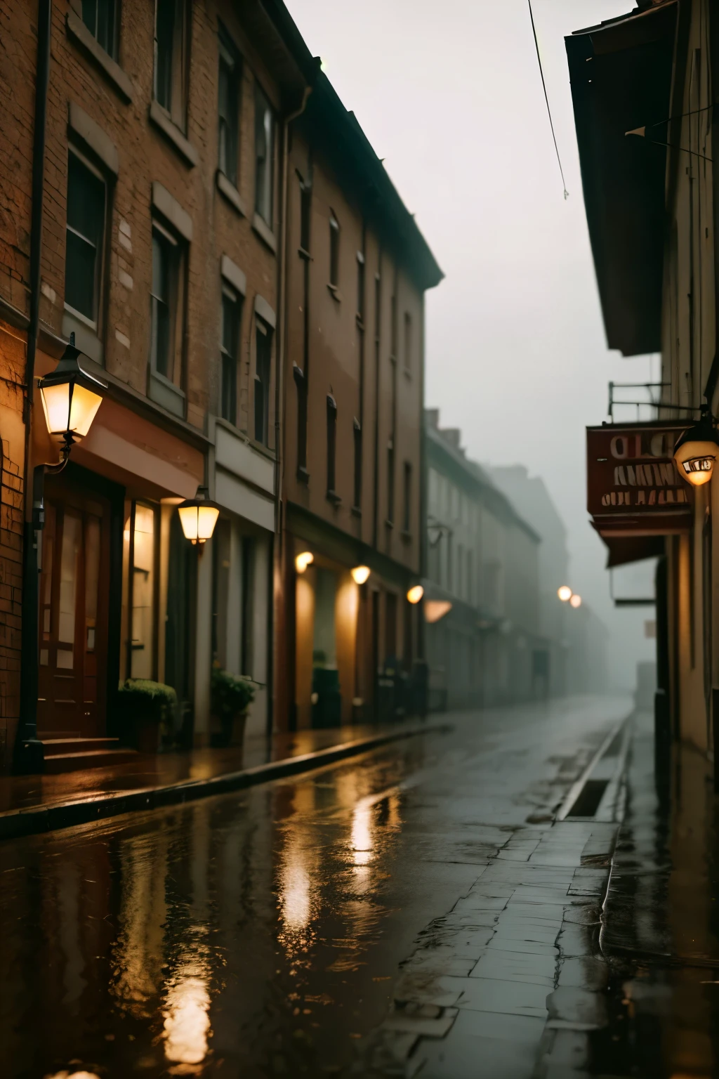 1950s rainy day landscape, atmospheric rainy village, detailed brick buildings, cobblestone streets, puddles reflecting streetlights, vintage cars parked, overcast cloudy sky, moody lighting, muted color palette, cinematic mood, (best quality,4k,8k,highres,masterpiece:1.2),ultra-detailed,(realistic,photorealistic,photo-realistic:1.37),dramatic lighting,volumetric fog,cinematic composition